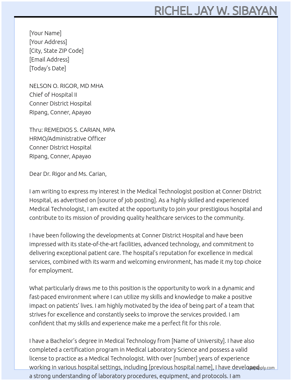 Medical Technologist At Conner District Hospital Cover Letter