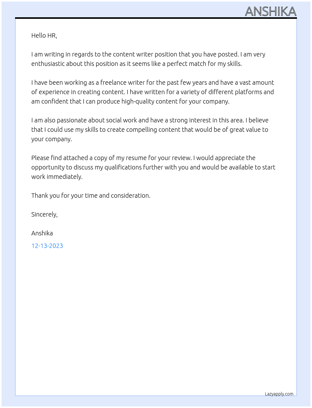 Content writer At Social work Cover Letter