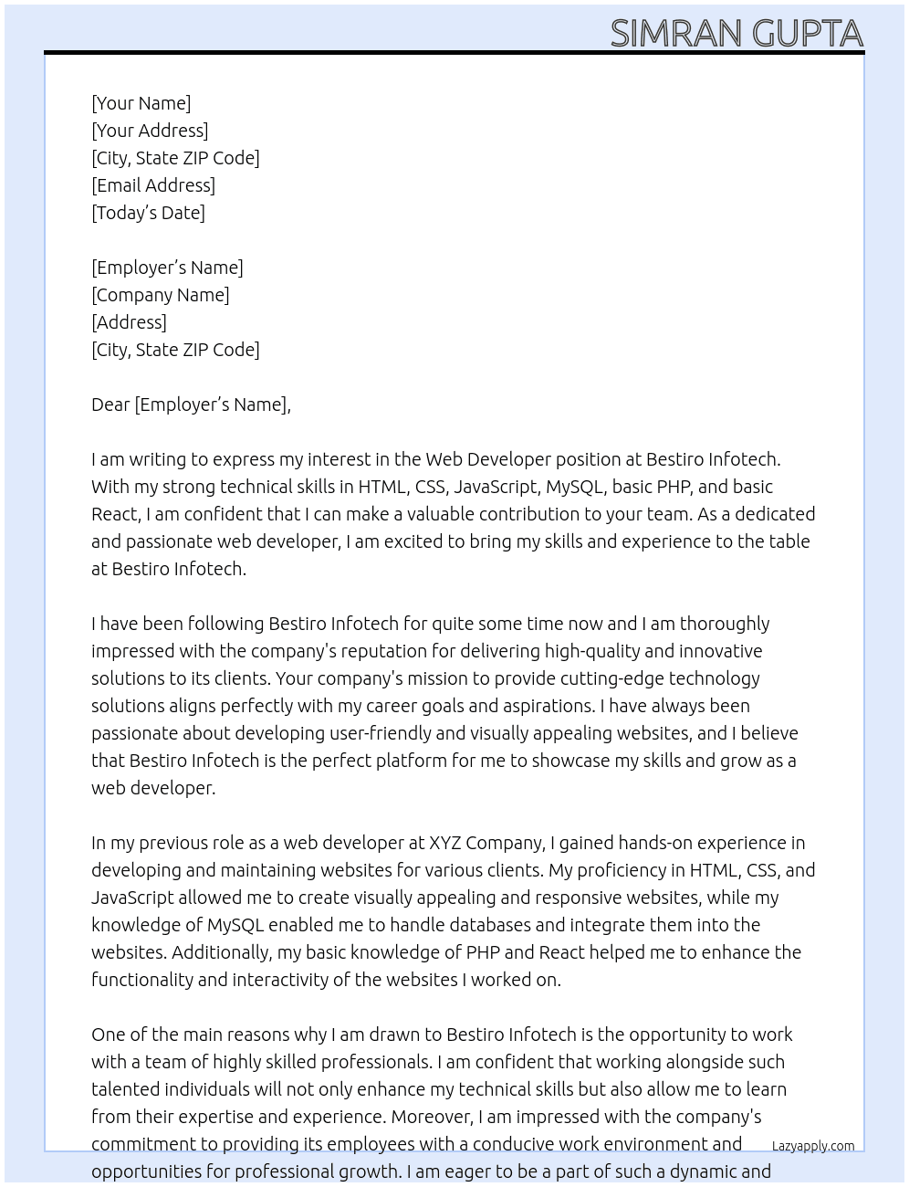 Web developer  At Bestiro infotech Cover Letter