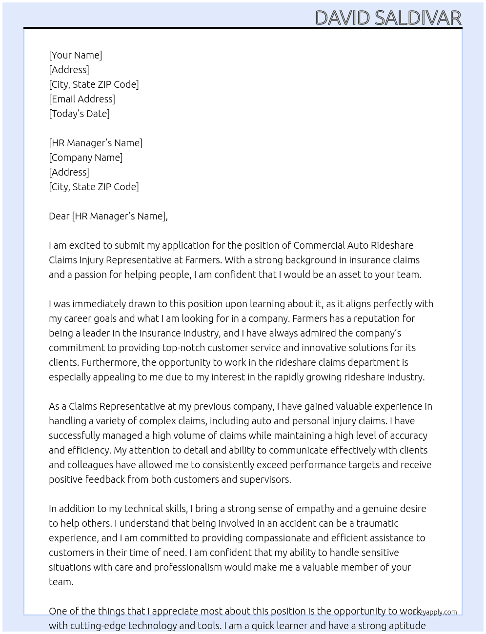 Cover letter for commercial auto rideshare claims injury representative - LazyApply