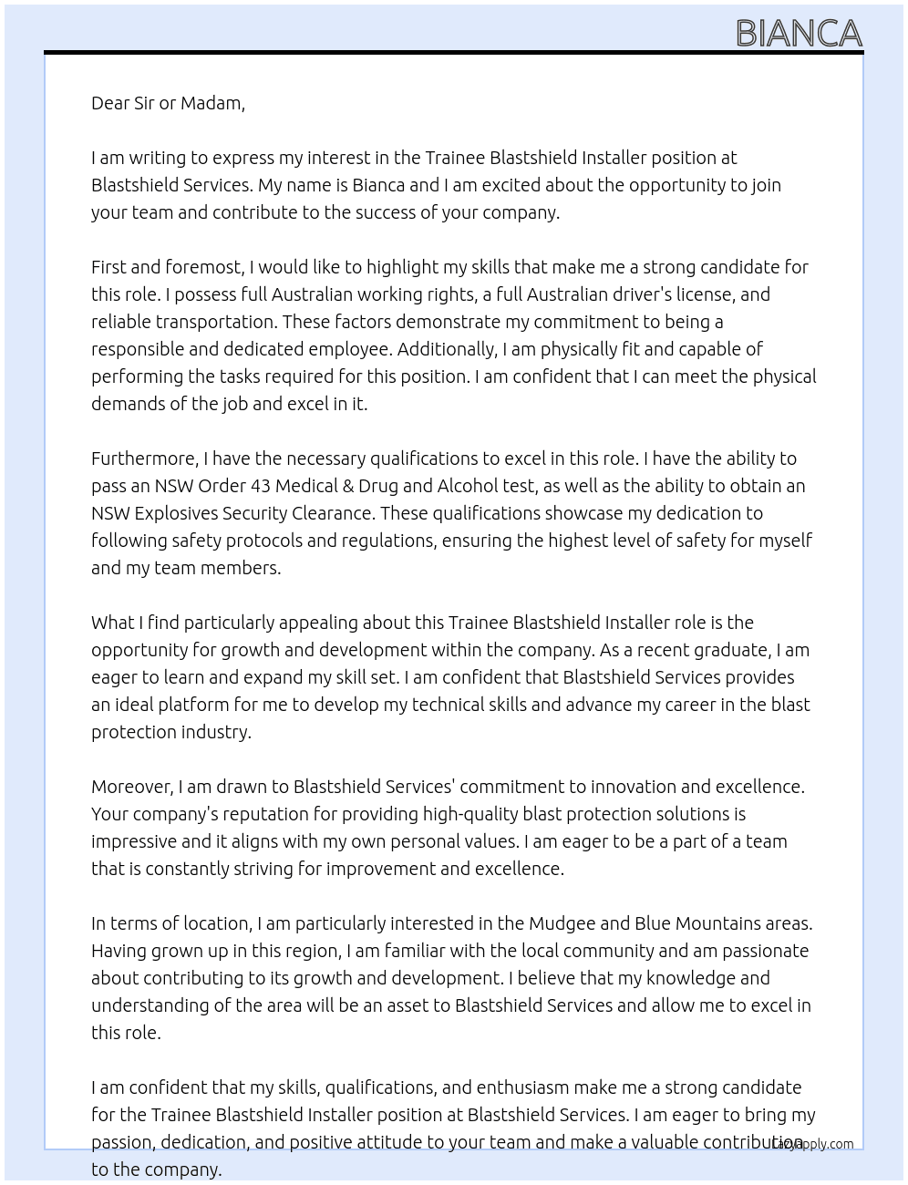 Trainee Blastshield Installer At Blastshield Services Cover Letter