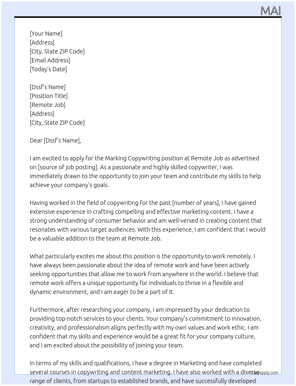 Marking copywriting  At Remote job Cover Letter