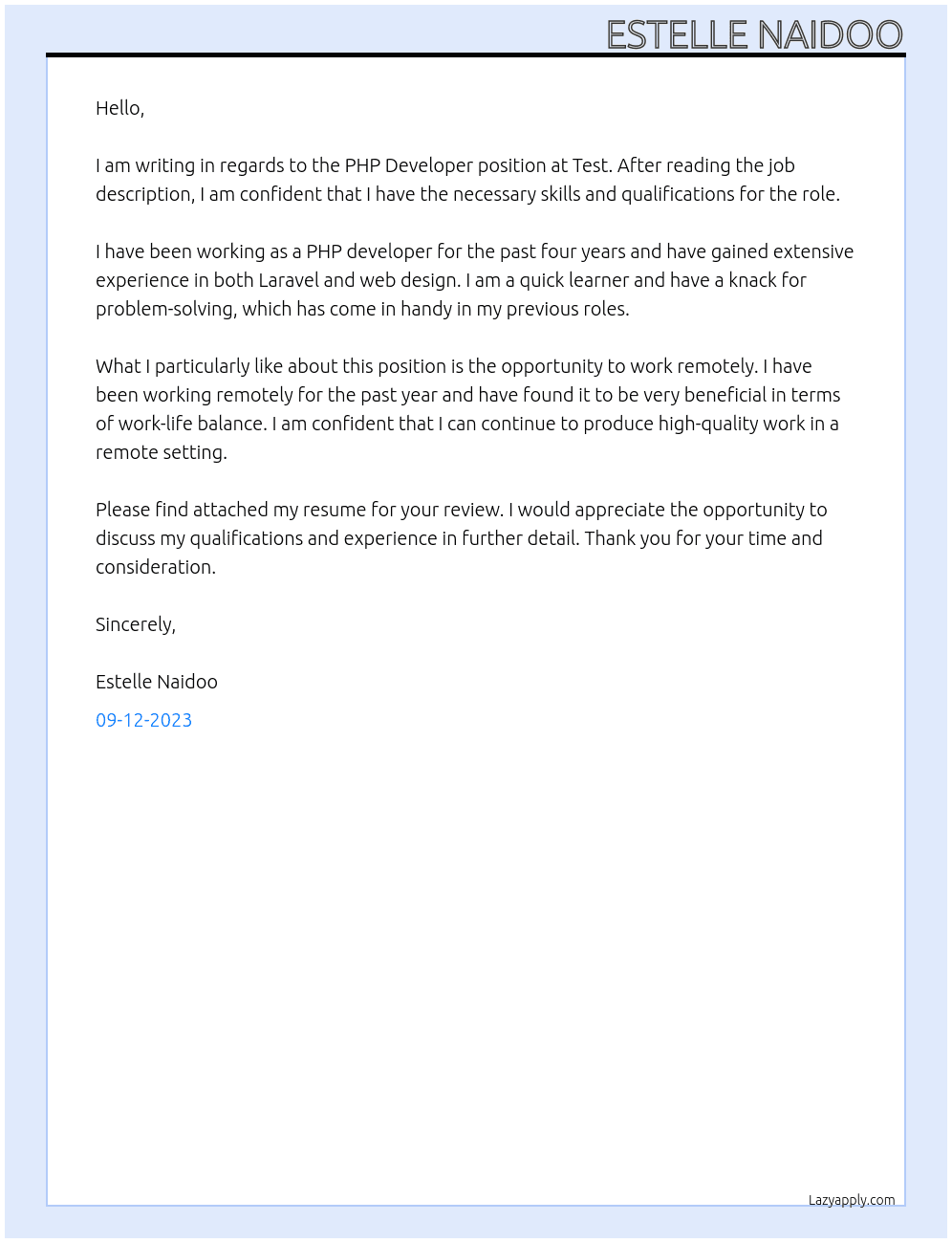 Php developer  At Test Cover Letter