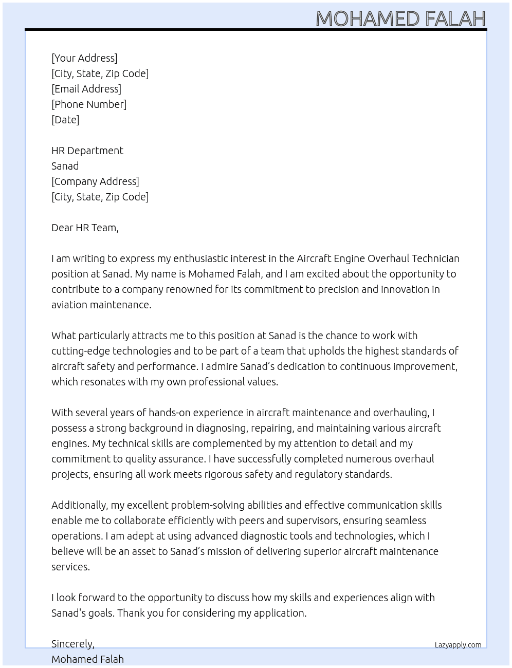 Aircraft Engine Overhaul Technician  At Sanad Cover Letter