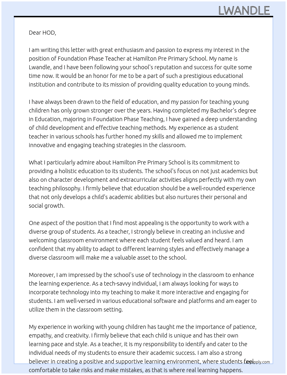 Foundation Phase Teacher  At HAMILTON PRE PRIMARY SCHOOL Cover Letter