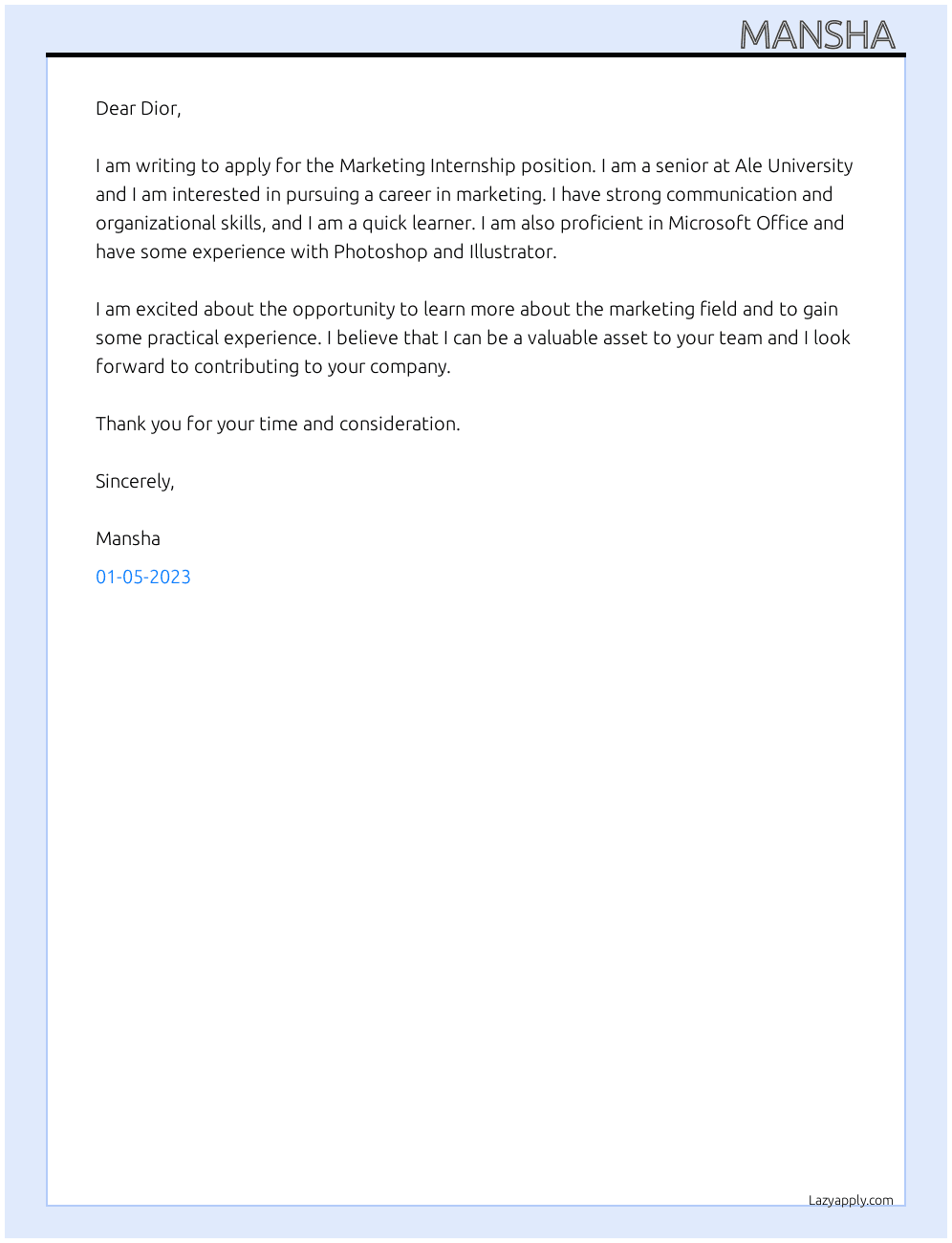 Marketing Internship  At Dior Cover Letter