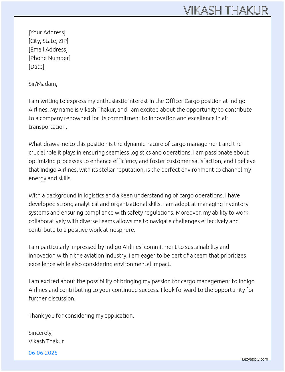 Cover letter for officer cargo - LazyApply