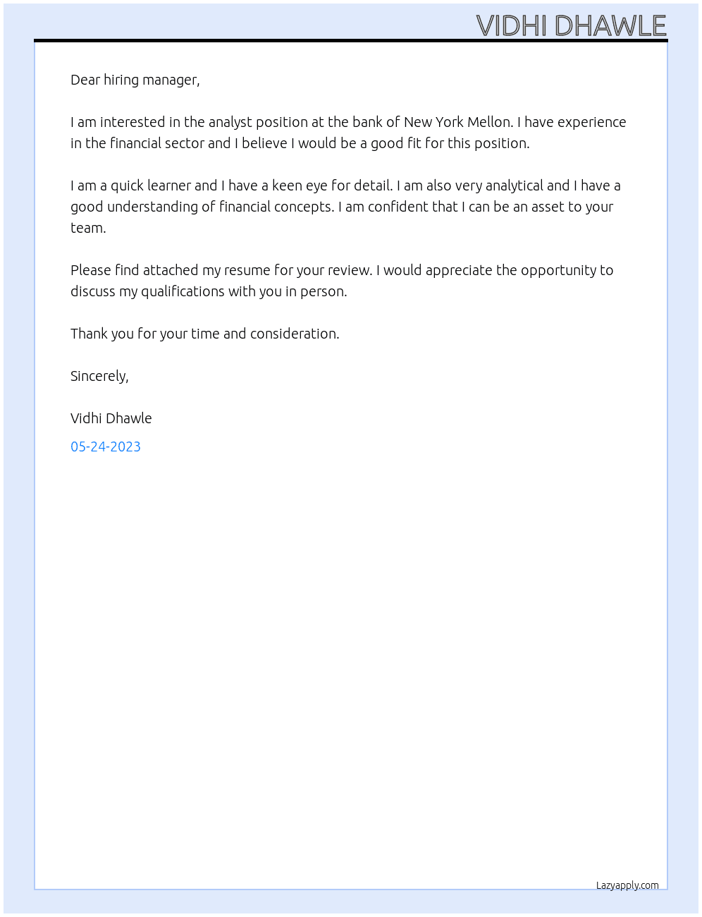analyst At bank of new york mellon Cover Letter