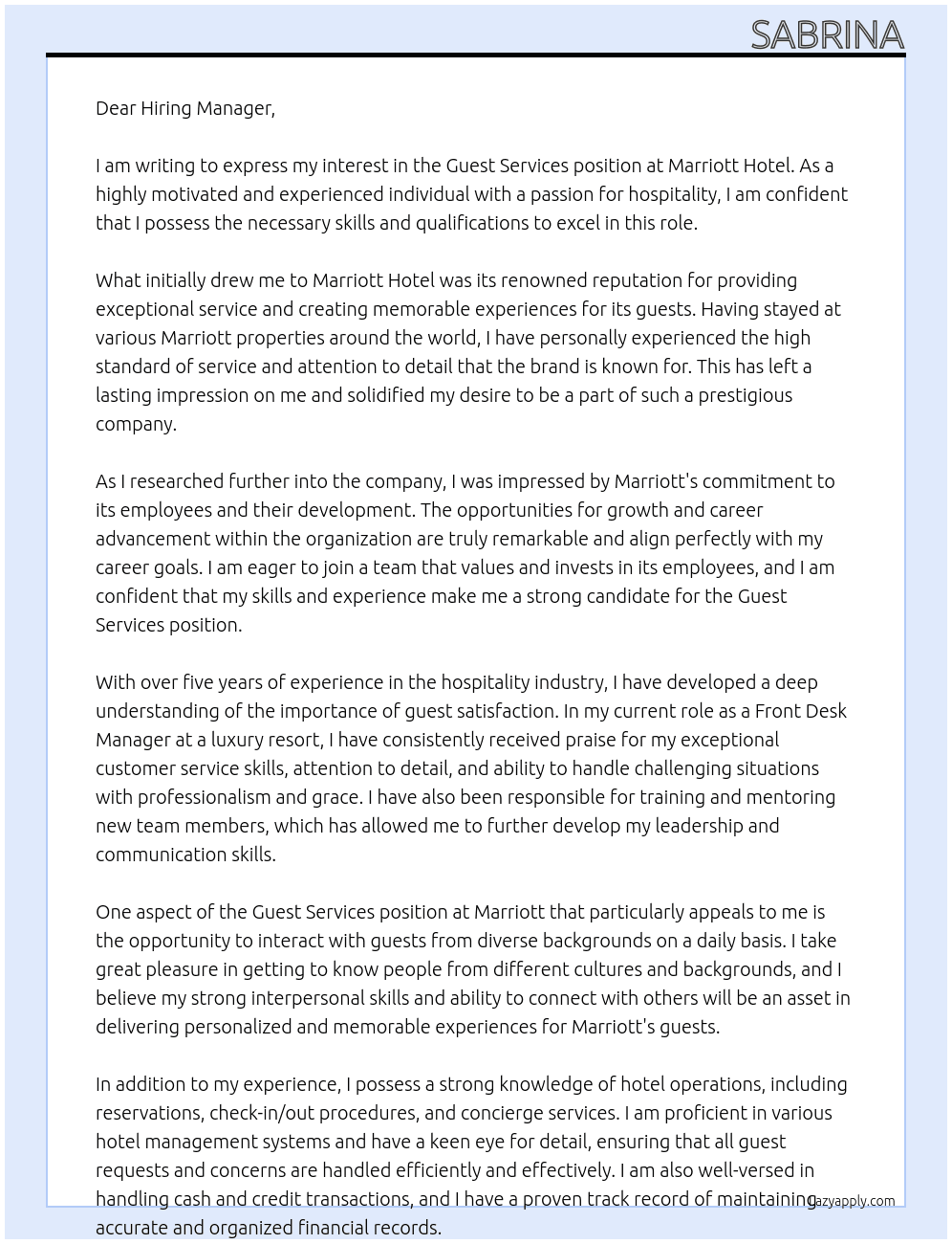 GUEST SERVICES At MARRIOT HOTEL Cover Letter