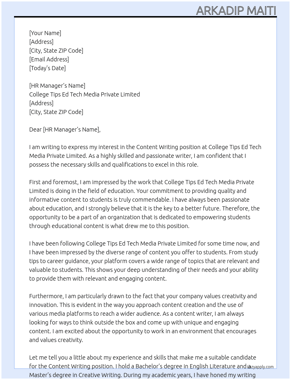 Content writing  At College Tips Ed Tech Media Private Limited  Cover Letter