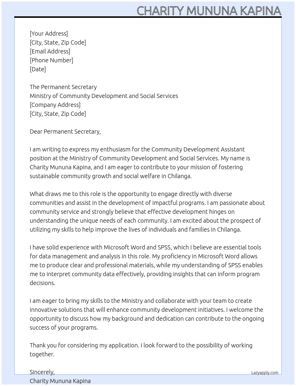 Cover letter for community development assistant - LazyApply