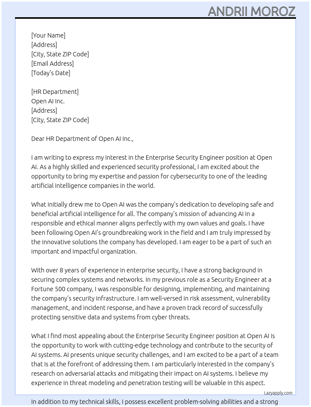 Enterprise Security Engineer At Open AI Cover Letter