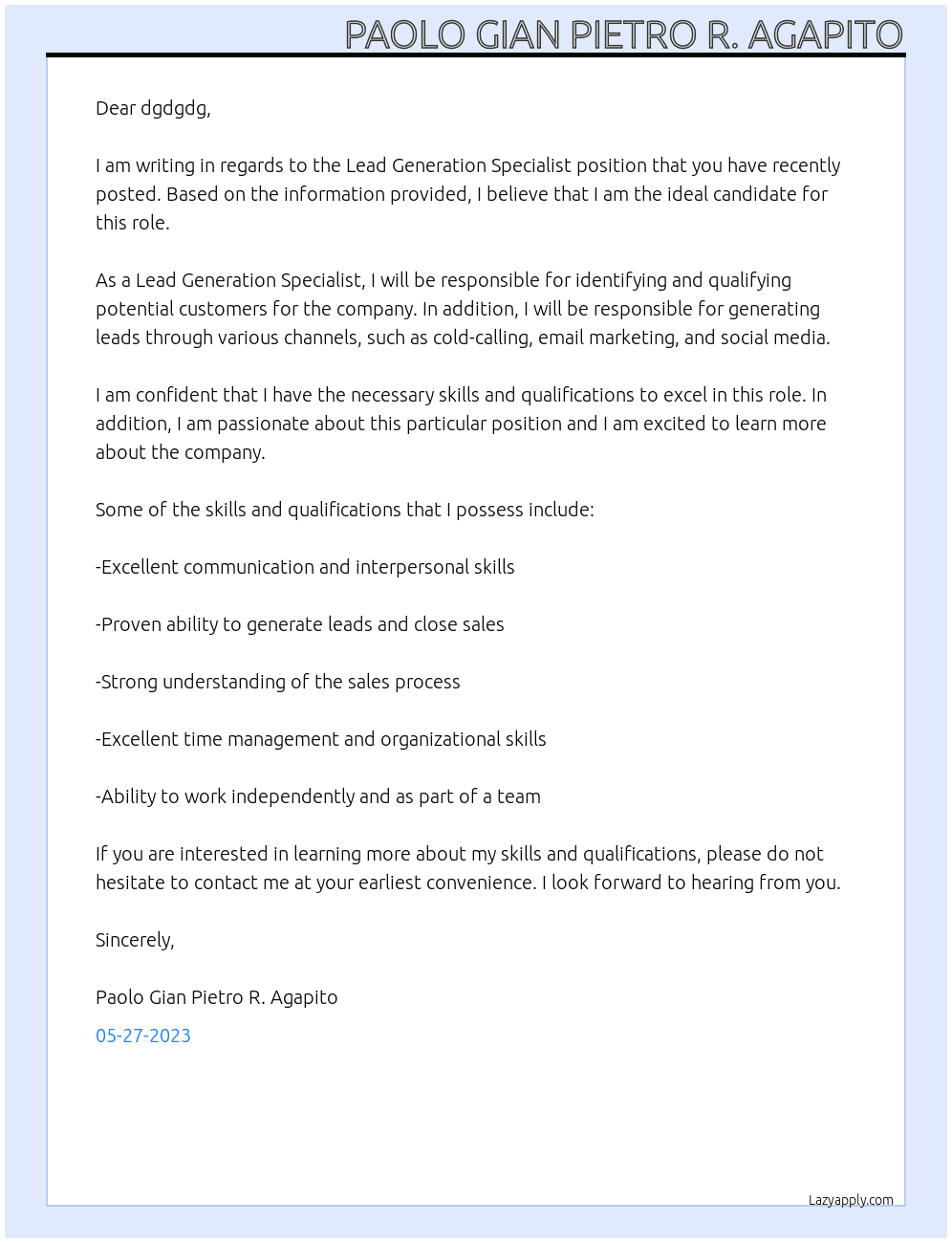 Lead Generation Specialist At dgdgdg Cover Letter