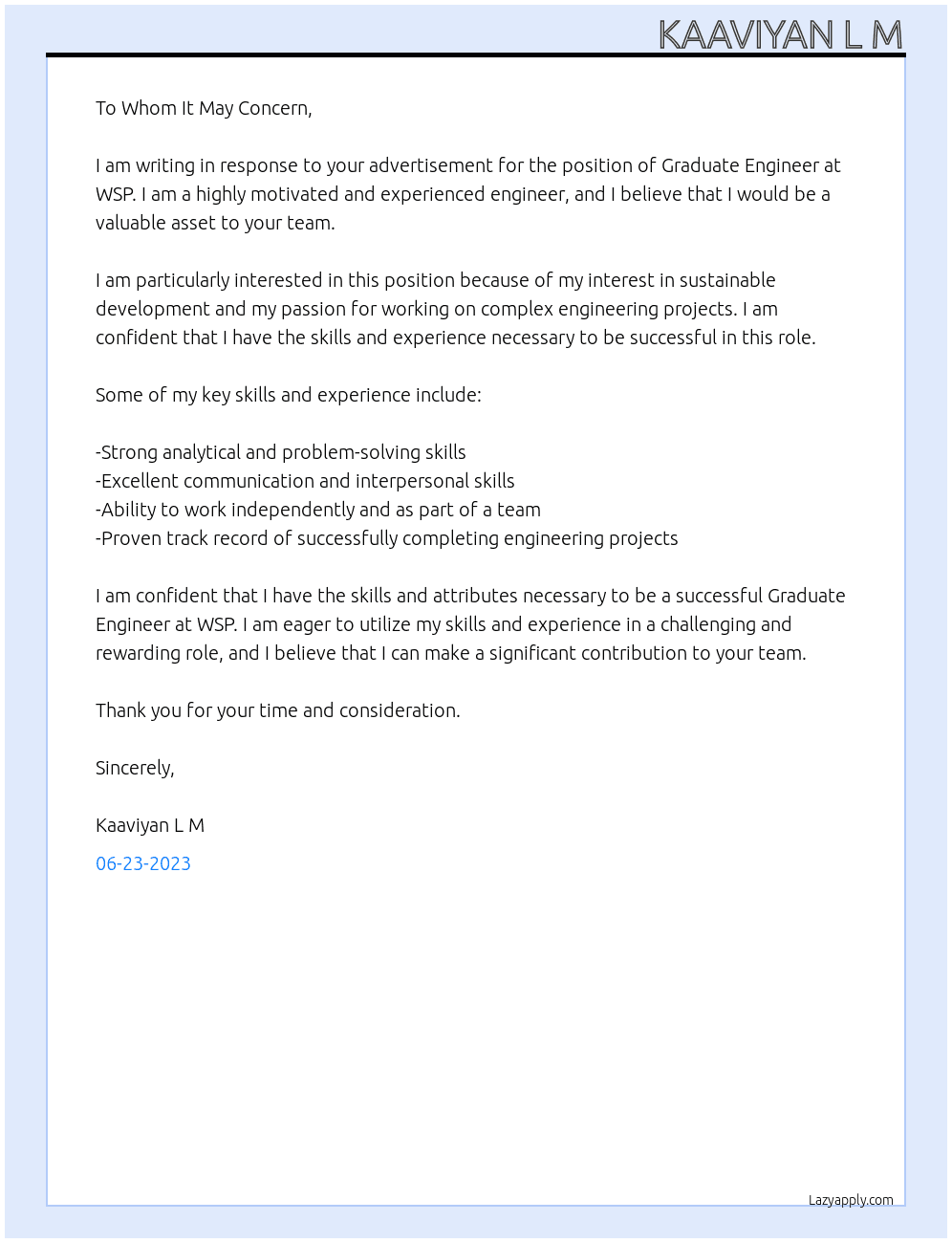 Graduate engineer  At WSP Cover Letter