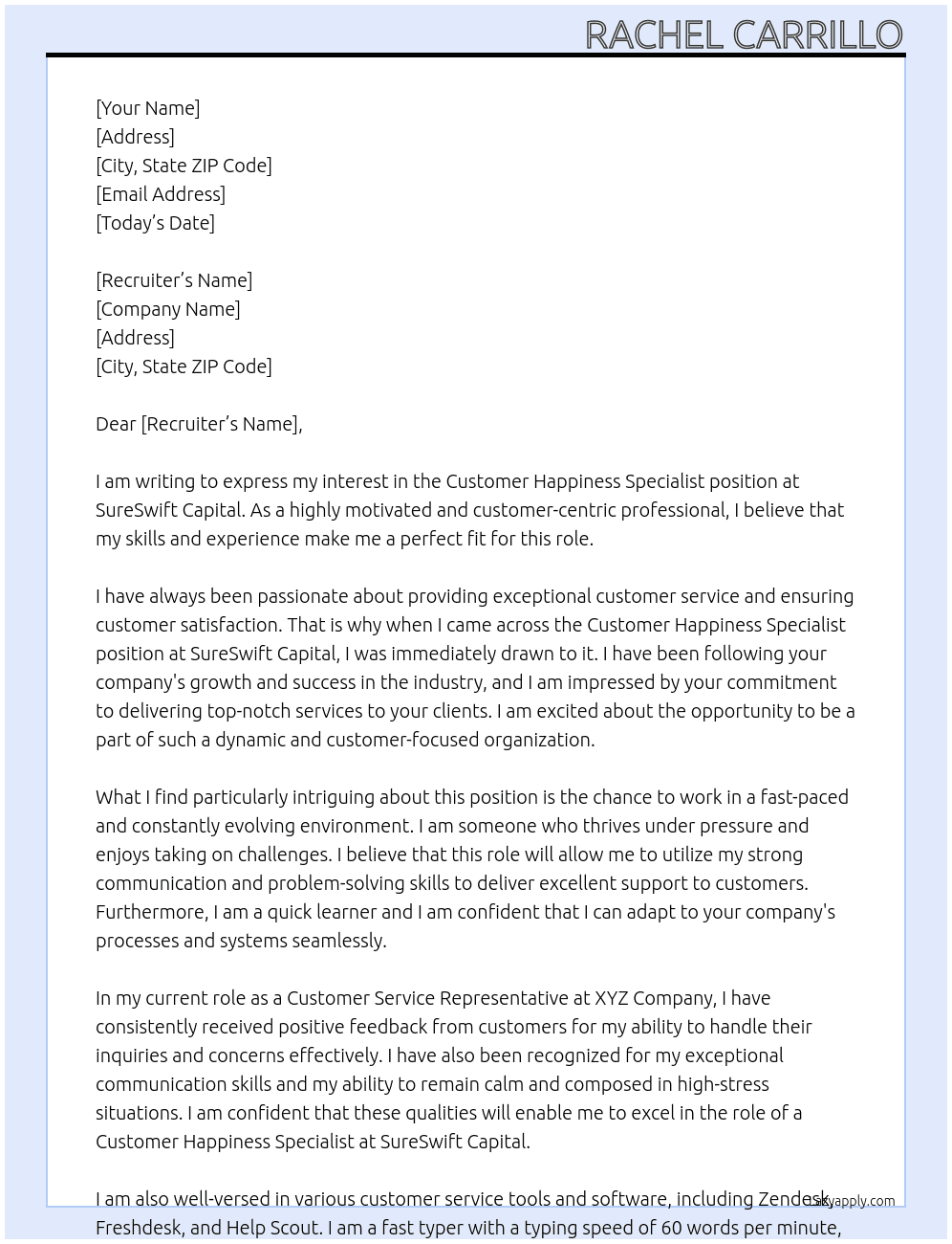 Customer Happiness Specialist at SureSwift Capital At SureSwift Capital Cover Letter