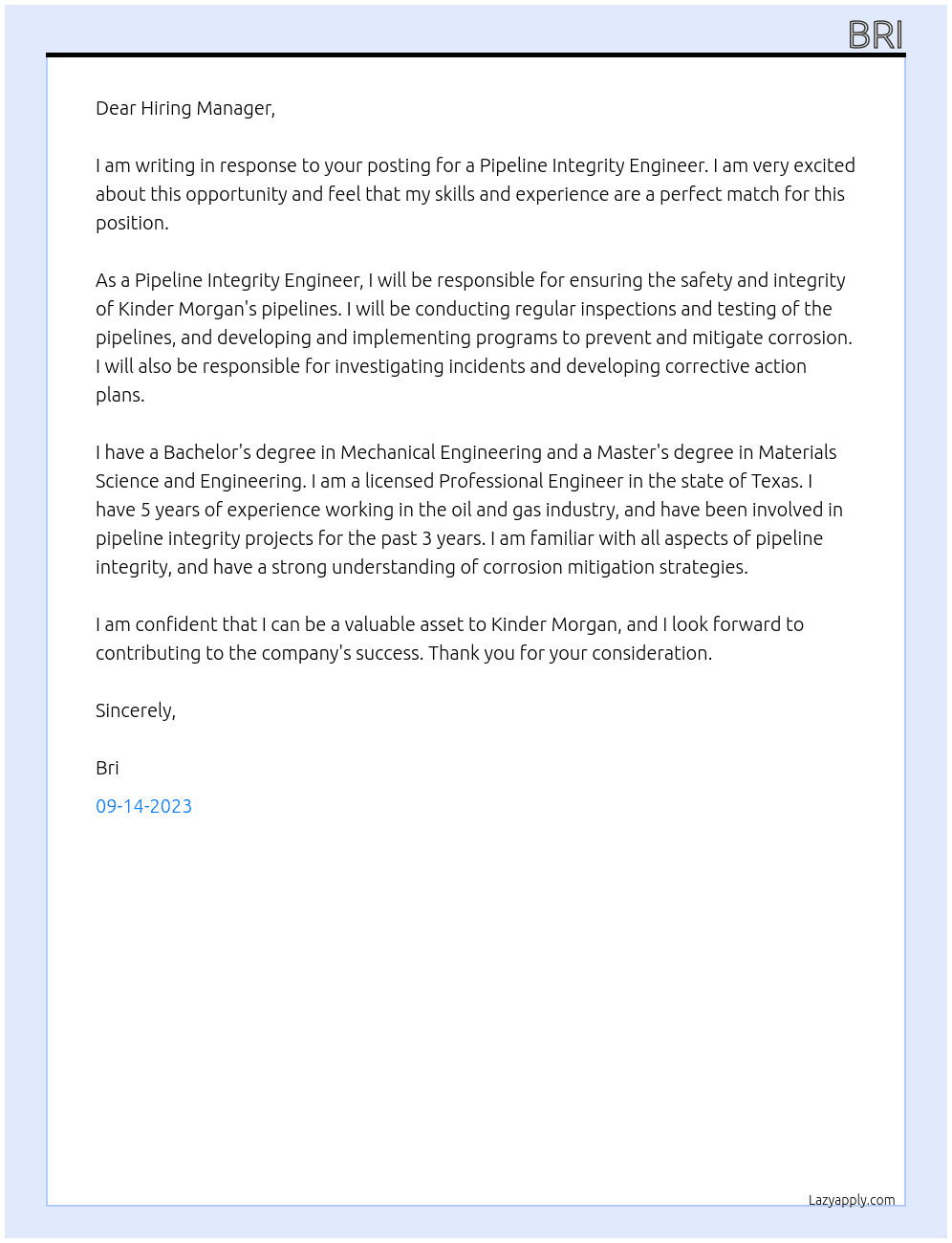 Pipeline Integrity Engineer At Kinder Morgan Cover Letter