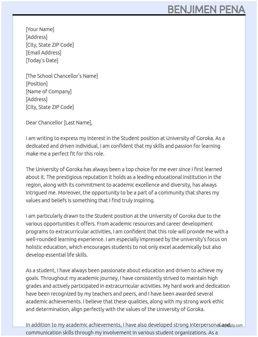 Student At University of Goroka  Cover Letter