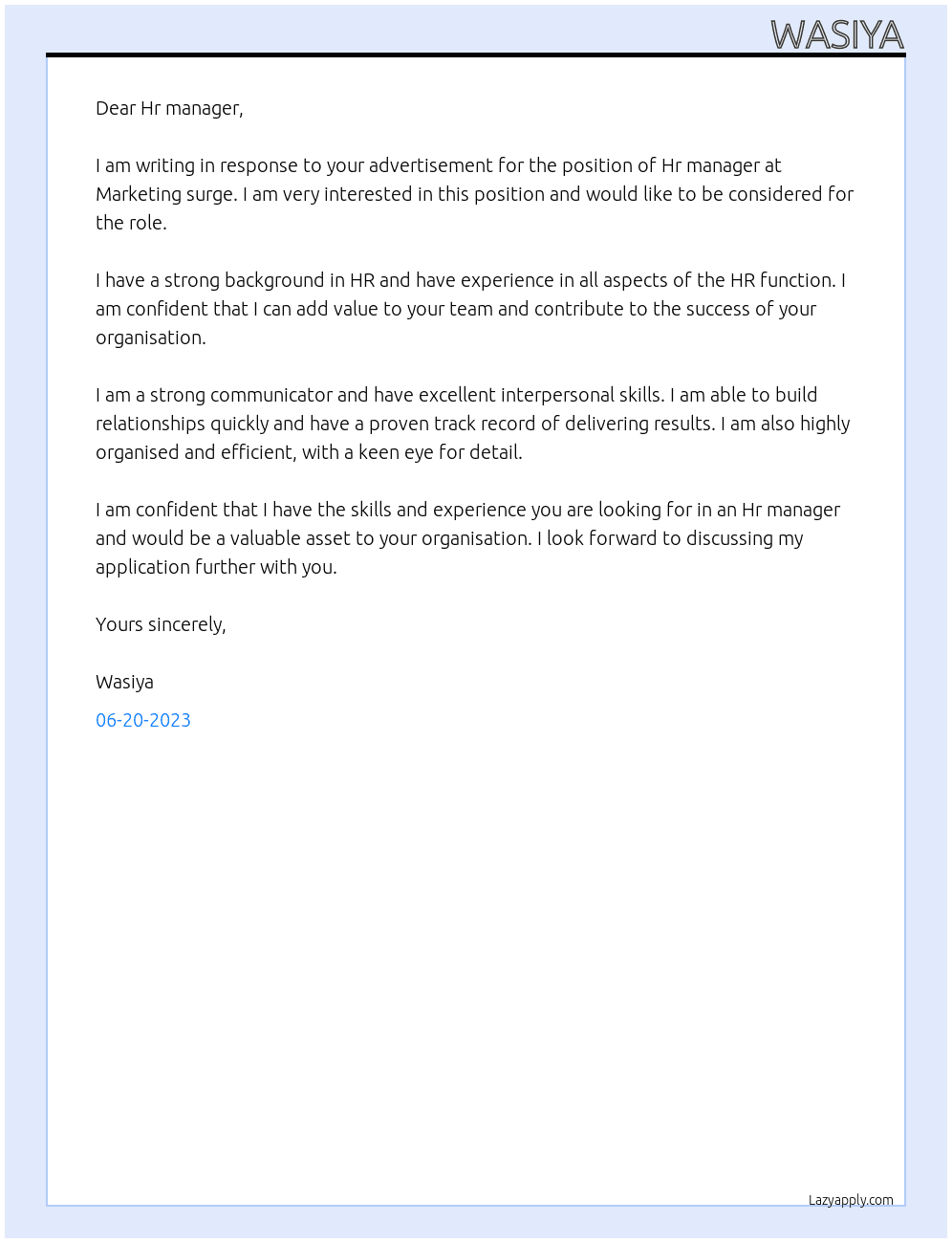 Hr manager  At Marketing surge Cover Letter