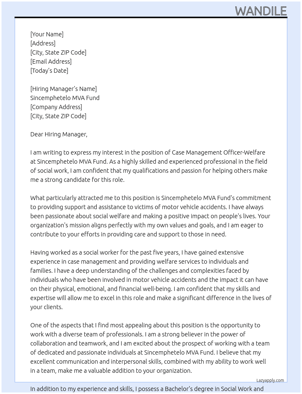 Case Management Officer-Welfare At Sincemphetelo MVA Fund Cover Letter
