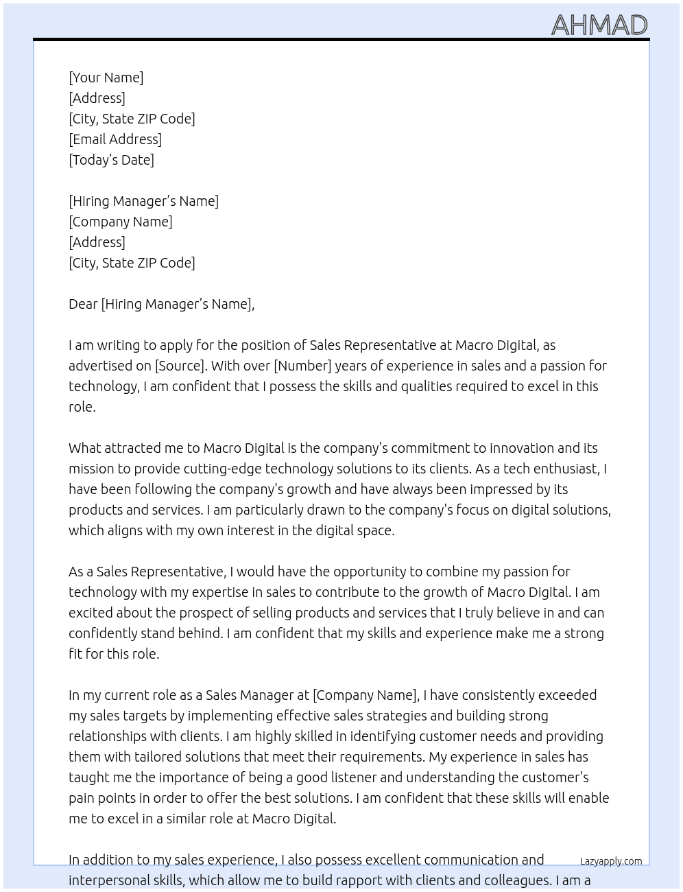 sales representative At Macro digital Cover Letter