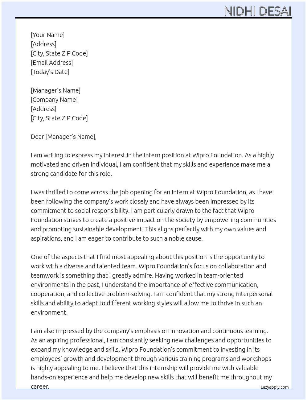 Intern At Wipro Foundation  Cover Letter