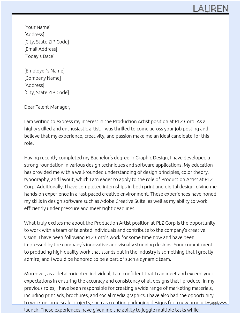 Production Artist At PLZ Corp Cover Letter