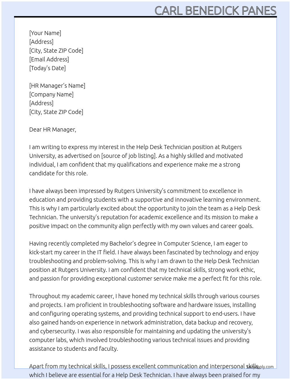 Help Desk Technician At Rutgers University Cover Letter