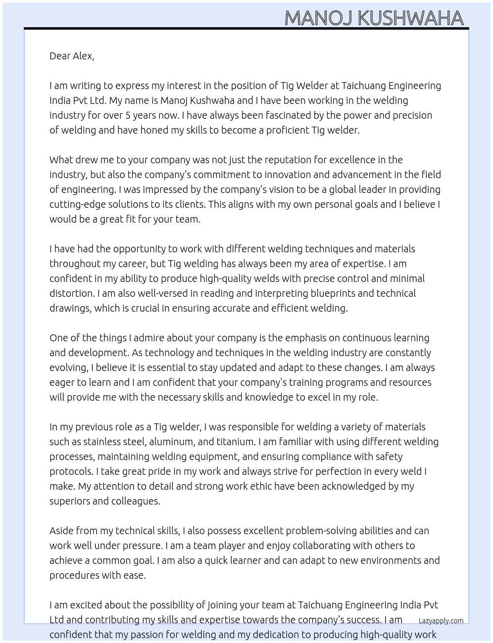 Cover letter for tig welder - LazyApply