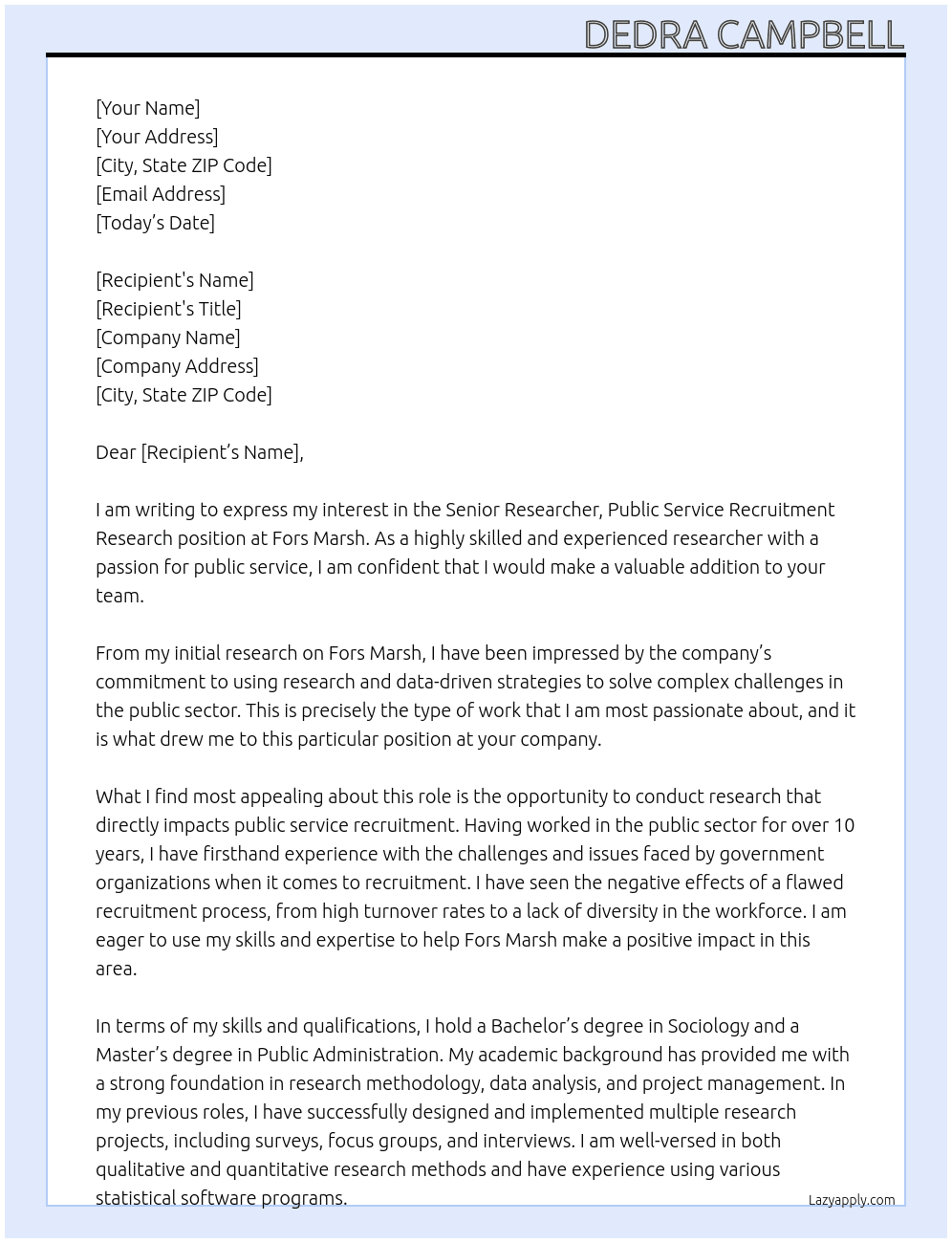 Senior Researcher, Public Service Recruitment Research At Fors Marsh Cover Letter