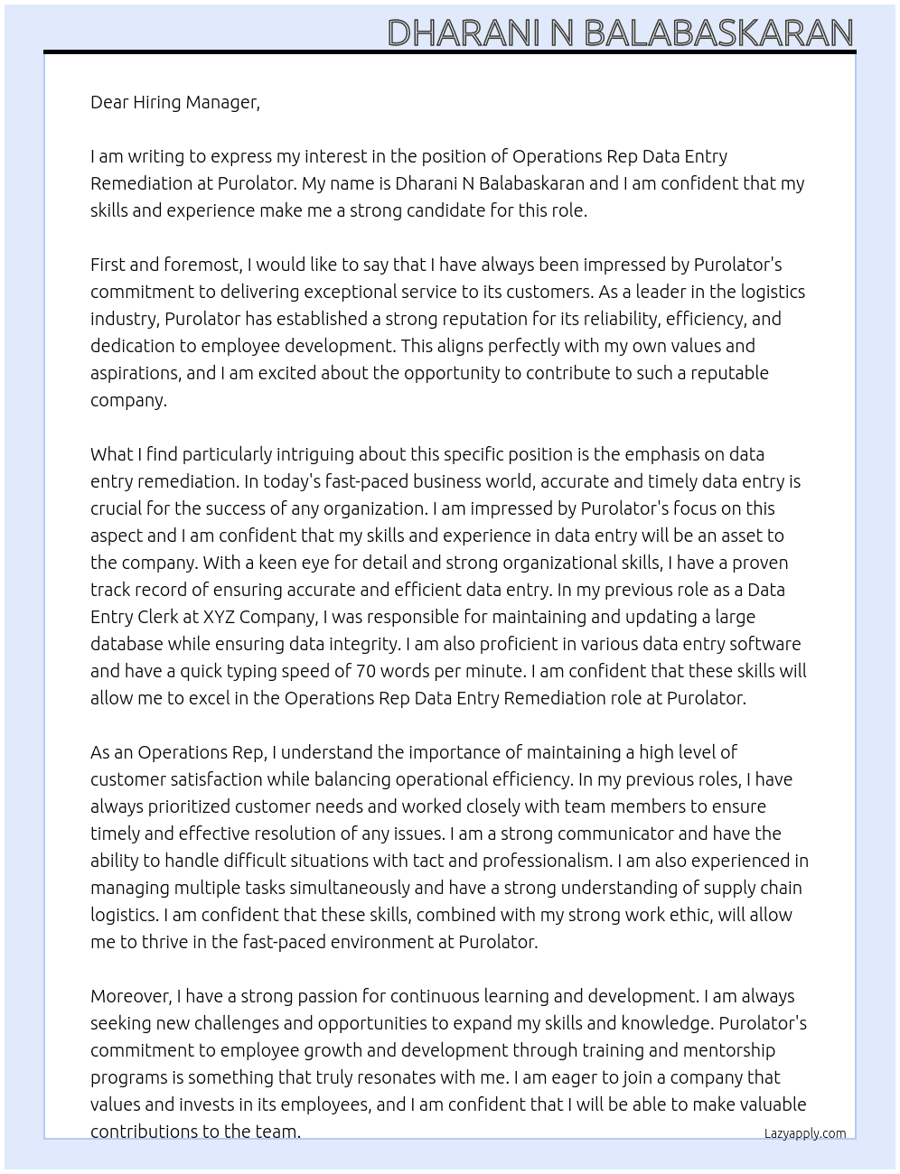 Operations Rep Data Entry REmediation At Purolator Cover Letter