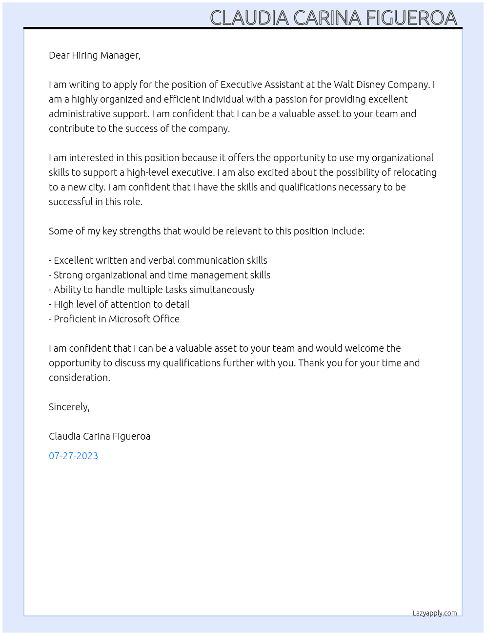Executive Assistant  At Walt Disney Company  Cover Letter