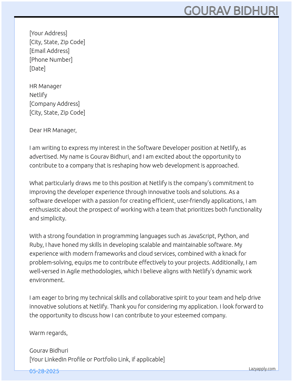 Software Developer At Netlify Cover Letter