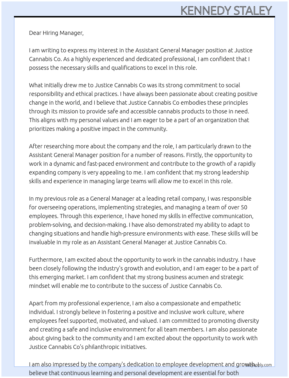 Assistant General Manager At Justice Cannabis Co Cover Letter
