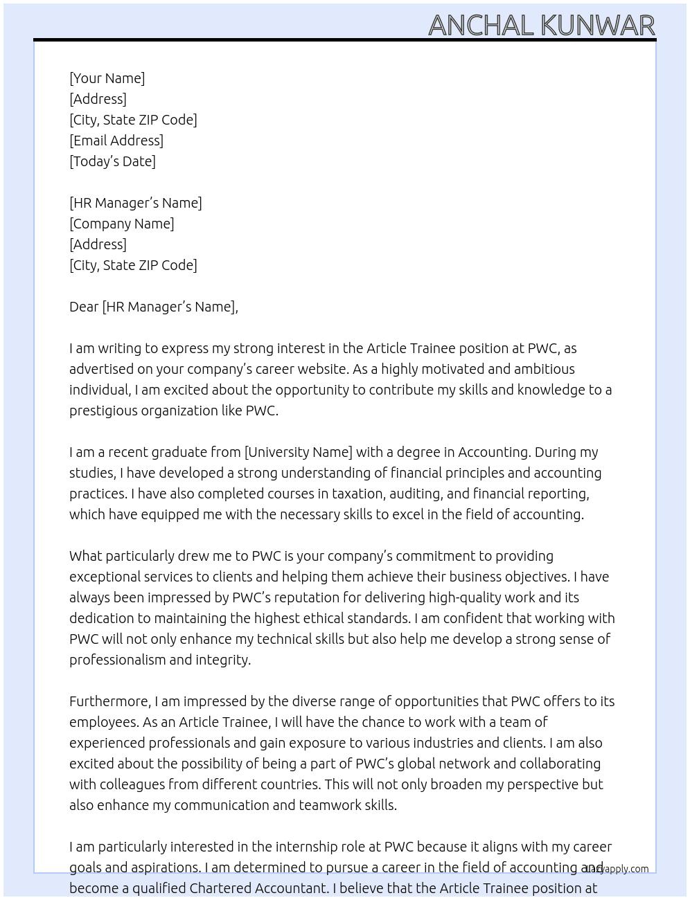 ARTICLE TRAINEE At PWC Cover Letter