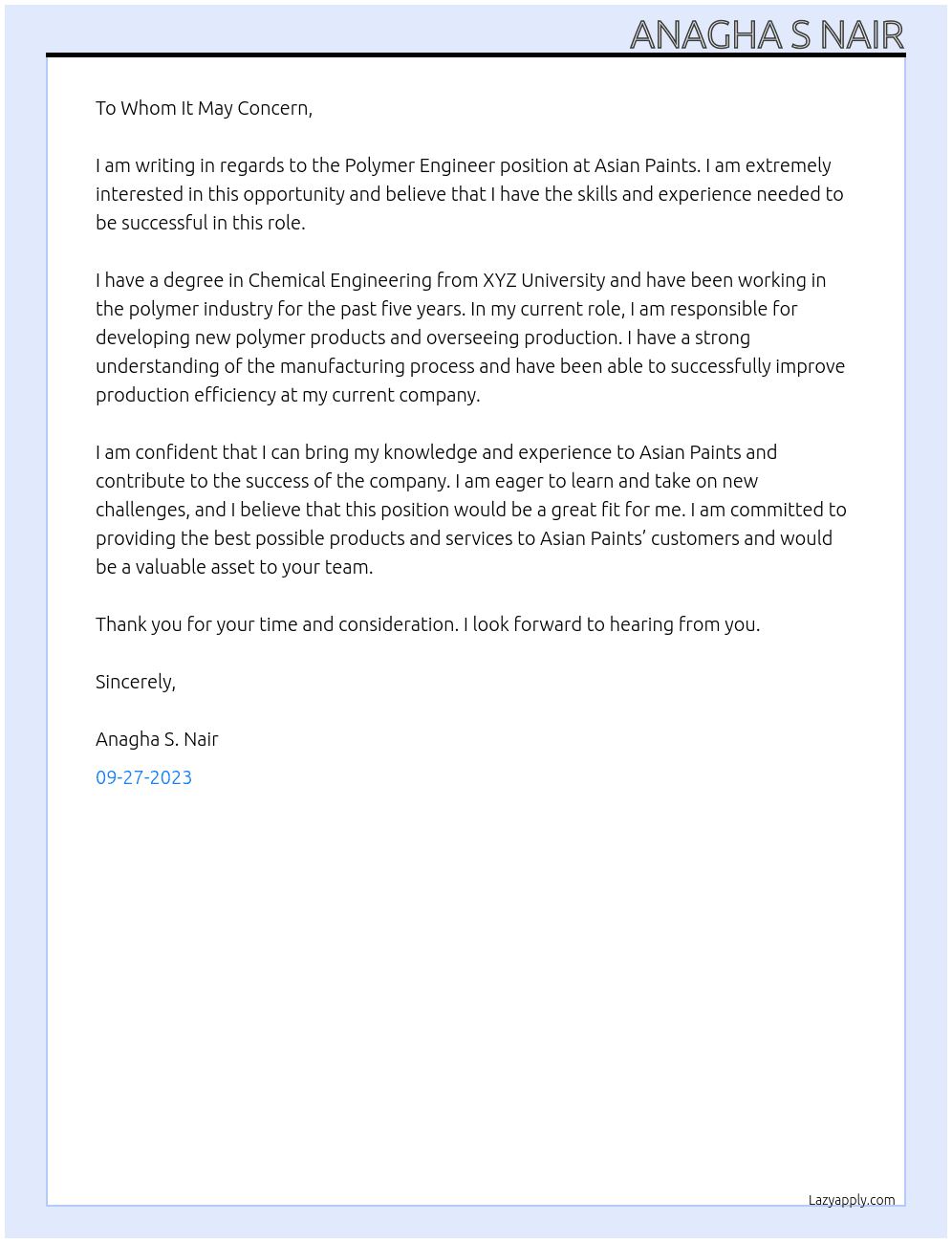 Polymer engineer  At Asian paints  Cover Letter