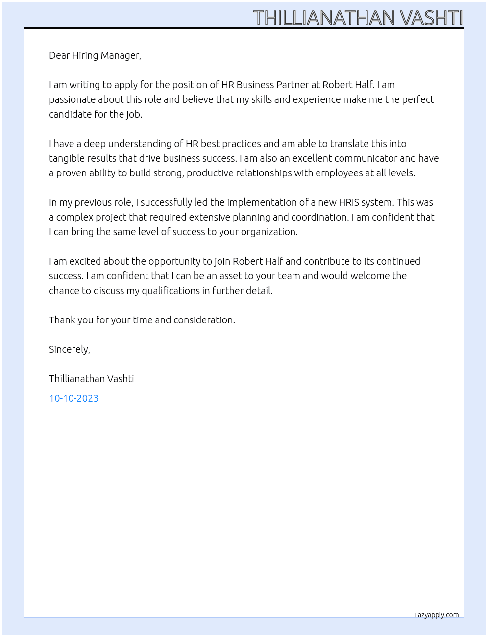 Hr Business Partner At Robert Half Cover Letter