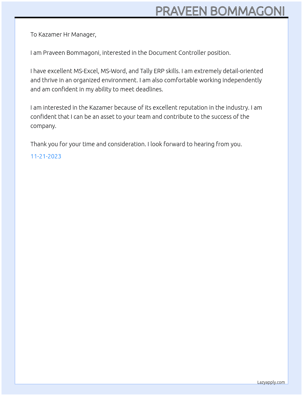 Document controller At Kazamer  Cover Letter