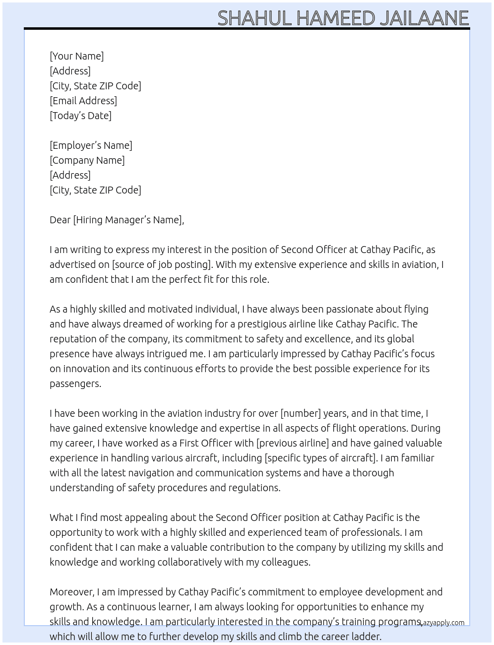 Second officer At Cathey Pacific  Cover Letter