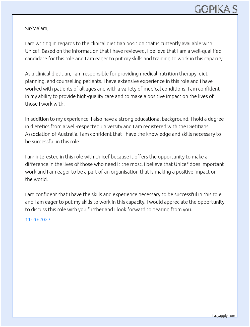 Clinical Dietitian  At Unicef Cover Letter