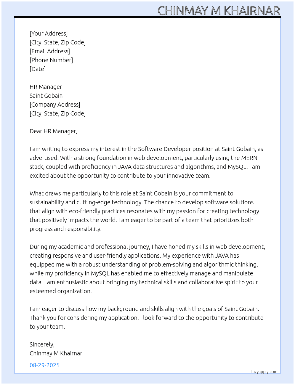 Software Developer At Saint Gobain Cover Letter