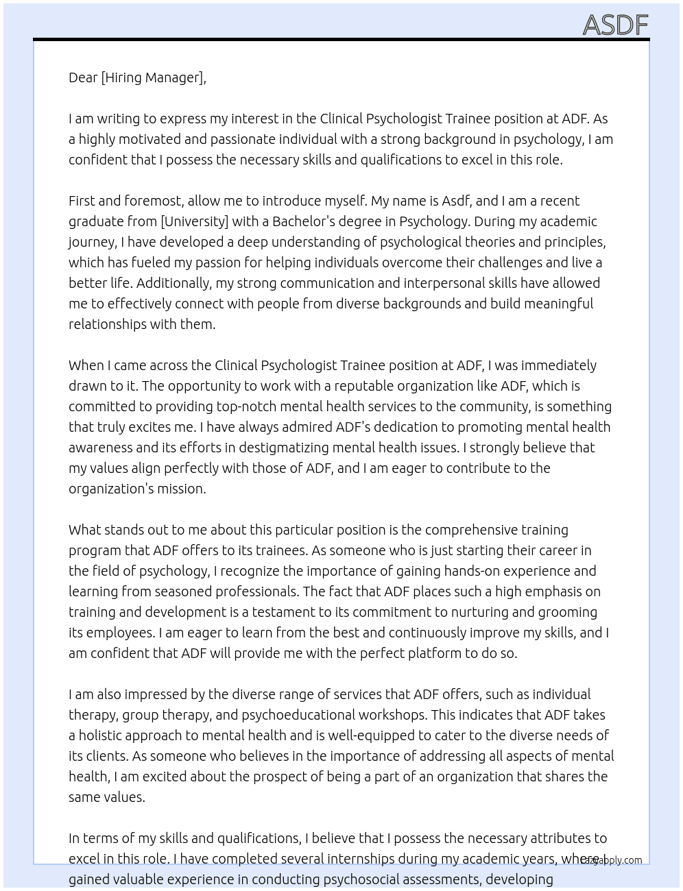 clinical psychologist trainee At adf Cover Letter