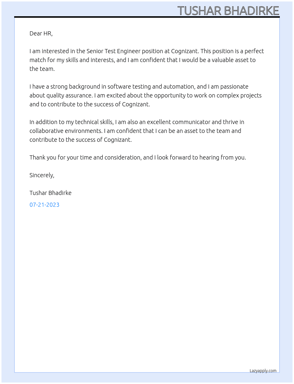 Senior Test Engineer At Cognizant Cover Letter