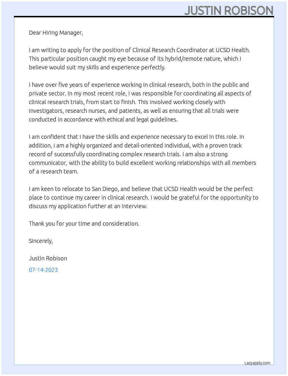 Clinical Research Coordinator At UCSD Health Cover Letter