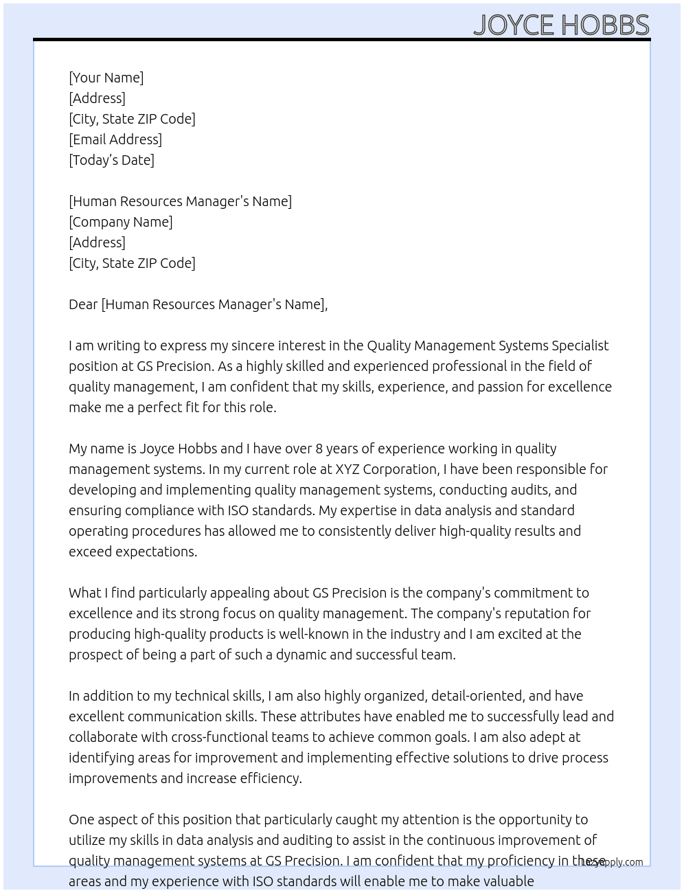 Quality management systems specialist  At GS Precision  Cover Letter