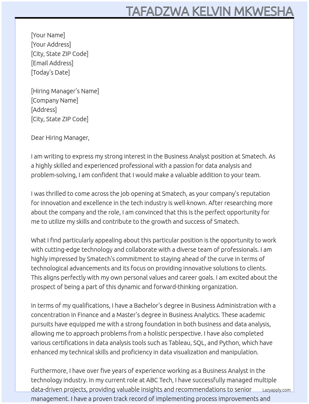 Business Analyst  At Smatech Cover Letter