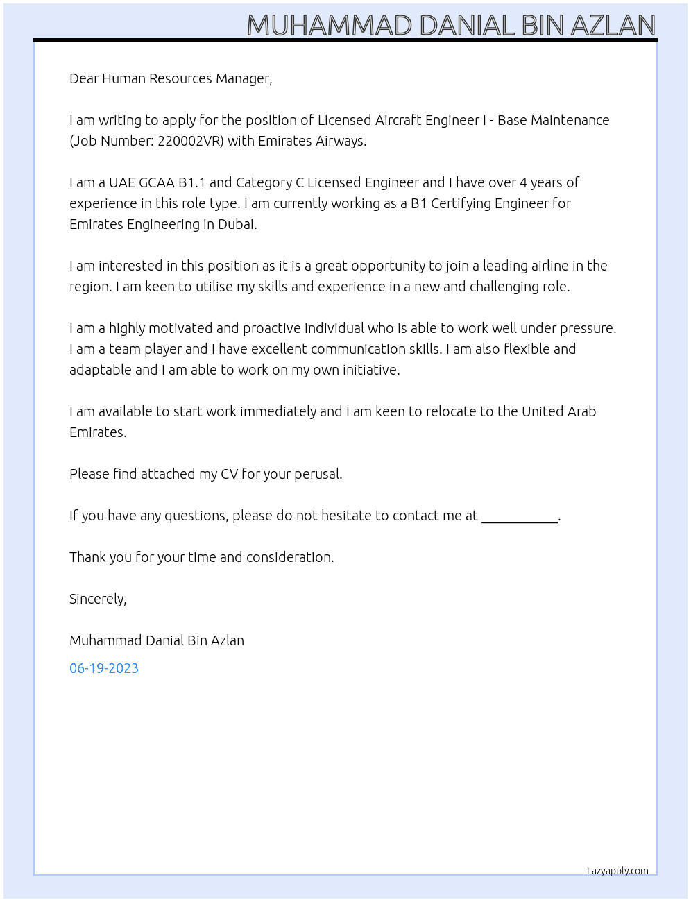 Licensed Aircraft Engineer I - Base Maintenance (Job Number: 220002VR) At Emirates Airways Cover Letter
