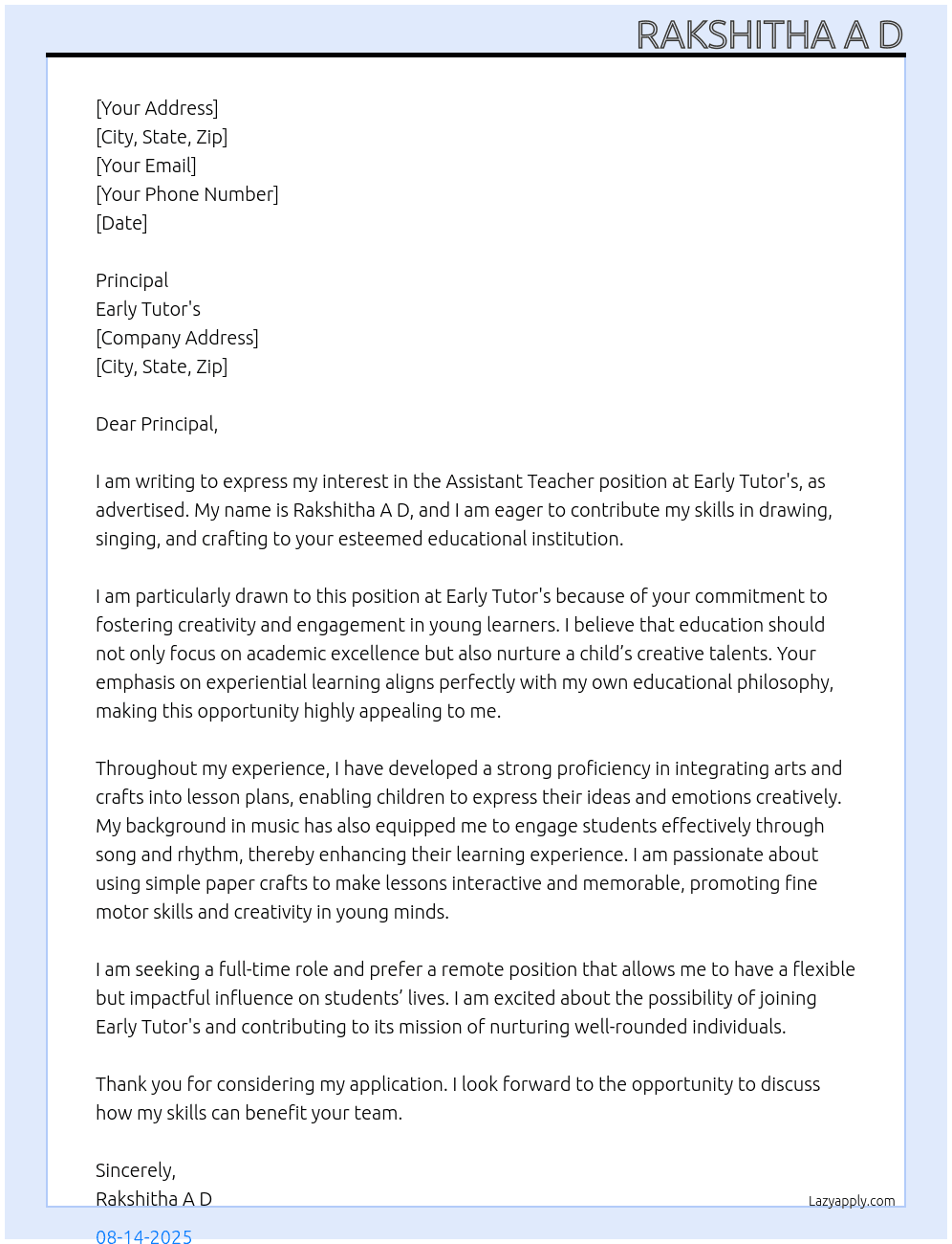 Assistant teacher  At Early tutor's  Cover Letter