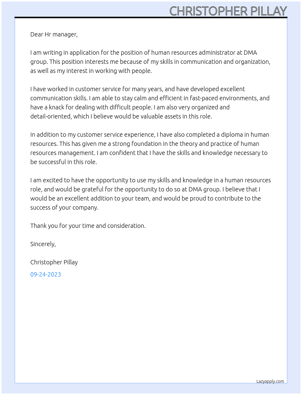 Human resources administrator  At DMA group Cover Letter