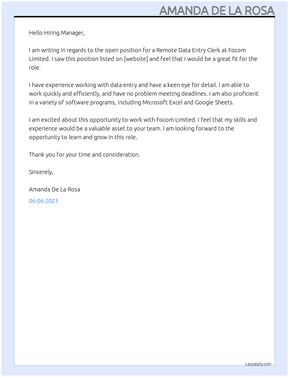 Remote Data Entry Clerk At Focom Limited Cover Letter