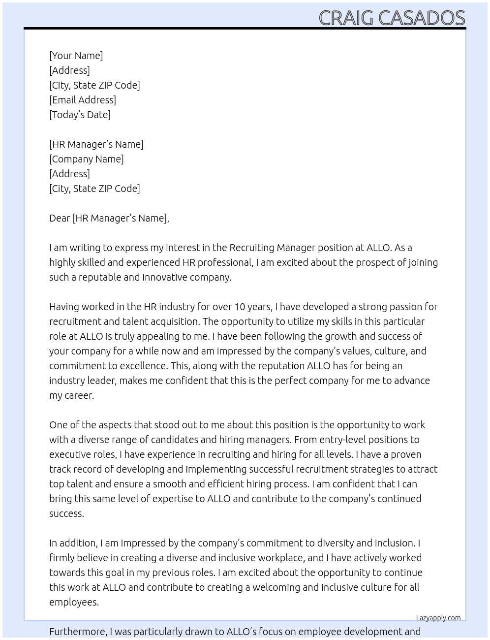 Recruiting Manager At ALLO Cover Letter